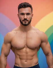 Fototapeta premium Young shirtless muscular man posing in front of rainbow background in gay concept shot