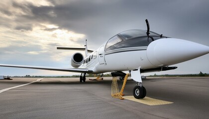 Closeup view of private jet airplane parked at outside. Luxury tourism and business travel transportation concept