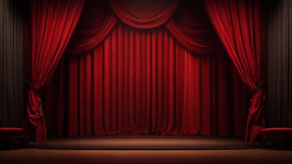 Empty theater stage with red velvet curtains with spotlight by award ceremony background