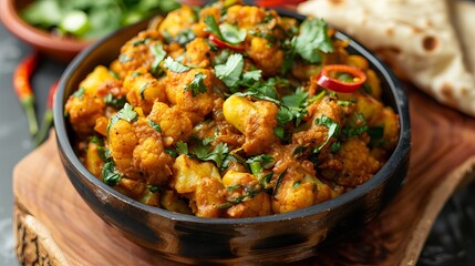 Delicious Aloo Gobi: Traditional Indian Cauliflower and Potato Curry Dish on Rustic Table