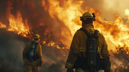 Naklejka premium Firemens in yellow gear standing as they battle against an epic wildfire.