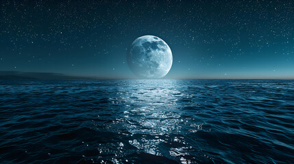 moon over water,
Half Moon in Starry Night Sky Above Ocean Surface