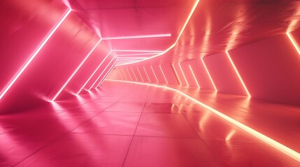 3D Render of a Room with Glowing Rose Gold Neon Lines. Abstract Background. Generative Ai