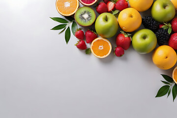 Fruits in copy-space background concept, big blank space. Place to adding text blank copy space. Fresh Orchard Bounty