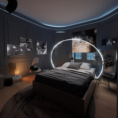 An eclectic bedroom with a rotating bed and virtual reality headsets