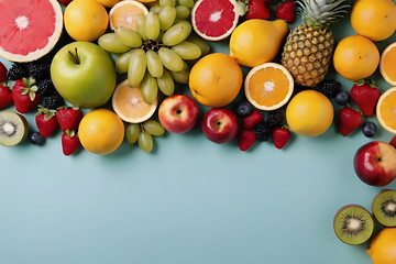 Fruits in copy-space background concept, big blank space. Place to adding text blank copy space. Ripe Orchard Bounty