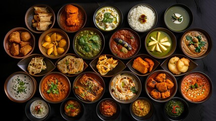 Assorted Authentic Indian Cuisine Spread on Stylish Black Background - Traditional Dishes from India