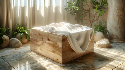 luxury hotel room,
 A Wooden Box with a White Cloth on Top of It