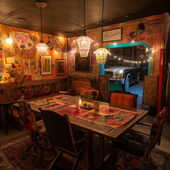 An eclectic dining area with mismatched chairs and live music projections