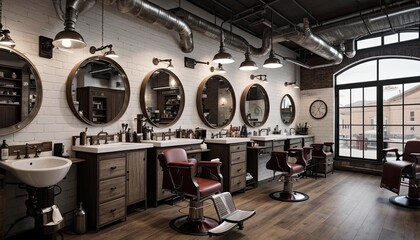 barber shop interior design with industrial architectural style and lots of mirror decorations and exposed walls with black colorway cool