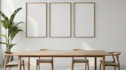 Frame mockup, dining room interior with modern wooden table and chairs, 3d render
