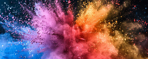 Explosion of colored powder abstract background, featuring metallic sheen
