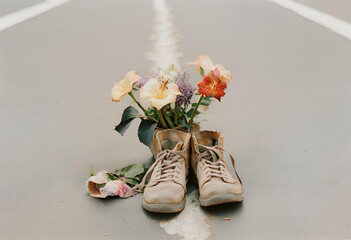 Flowers growing on old shoes It shows you that some things, even though they're old, still have meaning.