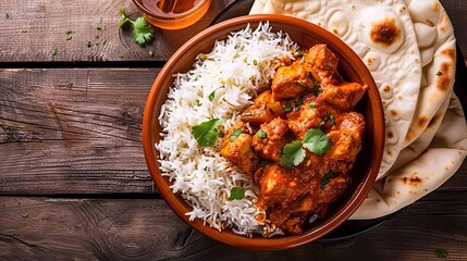 Delicious Chicken Tikka Masala Curry with Rice and Naan Bread on Wooden Background - Authentic Indian Cuisine