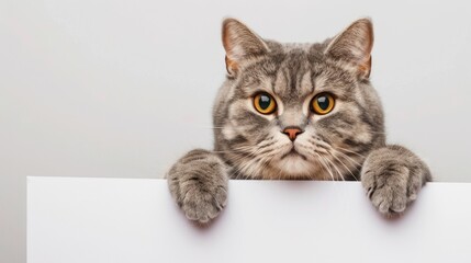 Portrait of cute Scottish cat holding white paper on white background. generative AI image