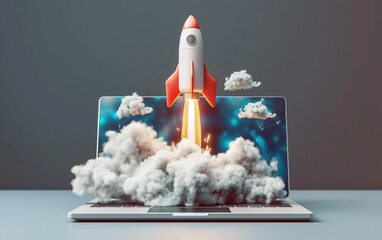 Rocket coming out of laptop screen, Startup and innovation and creativity concept, 3d illustration.