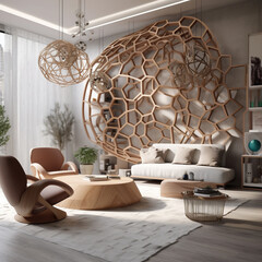 An eclectic living space with modular furniture and kinetic sculptures