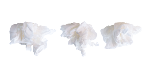 Top view set of screwed or crumpled tissue paper balls after use in toilet or restroom isolated with clipping path in png file format
