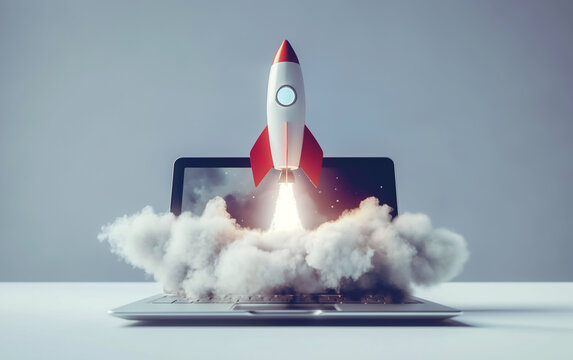 Rocket coming out of laptop screen, Startup and innovation and creativity concept, 3d illustration.