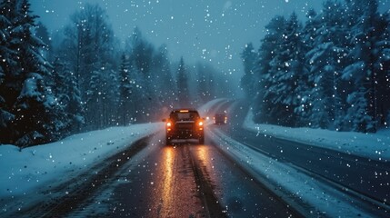 Portrait of car running in winter with falling snow. generative AI image