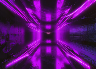 Empty dark tunnel with neon purple lights in cyberpunk style, spaceship, cement floor, science fiction