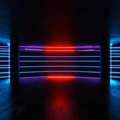Dark room studio with neon lighting, futuristic spaceship design, template for product display.
