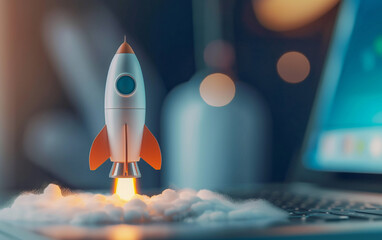 Rocket coming out of laptop screen, Startup and innovation and creativity concept, 3d illustration.