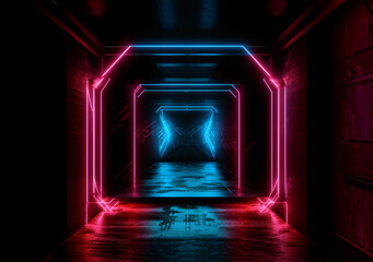 Empty dark long corridor with neon lights, futuristic underground garage, spaceship, science fiction