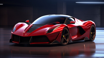 Red sports car with a sleek and aerodynamic design, featuring a prominent front splitter and distinctive headlights that give it an aggressive appearance.