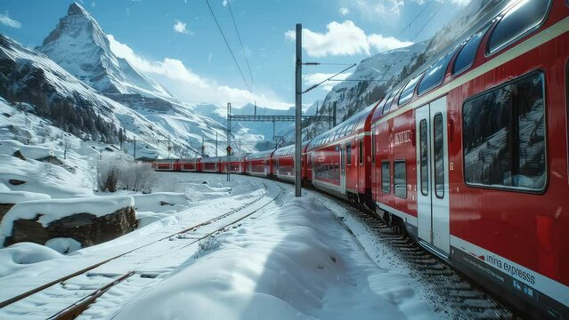 Animation amazing red train in the switzerland mountain. seamless 4k video looping background. generated with ai