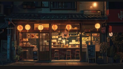 Nighttime Serenity: Enjoying Cozy Japanese Cuisine in Ambient Light - Powered by Adobe