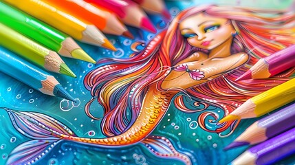 Close up of colorful pencils and face of a mermaid, Generative AI illustrations.