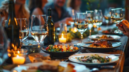 Gathering of Friends Enjoying a Festive Dinner Party with Delicious Cuisine and Wine in Elegant Setting