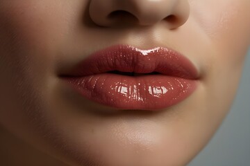 Moisturizing lip balm, lipstick. Close-up of a beautiful sexy wet lips. Full lips with gloss makeup. Filler Injections
