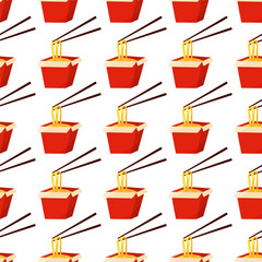 A red box with noodles and chopsticks sticking out of it. Fast food. Traditional Asian noodles. Udon. Hand drawn vector illustration. pattern seamless background wallpaper print ornament fabric paper