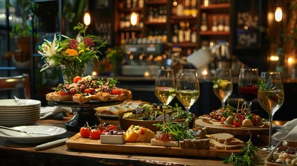 Elegant Restaurant Table Setting: Tapas, Appetizers, Canapés in Soft, Romantic Ambiance