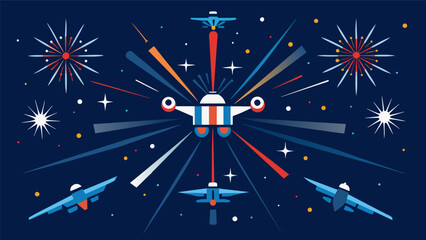 Fototapeta premium An aerial spectacle of drones creating a captivating light show with bursts of stars and stripes and flashes of dazzling fireworks.. Vector illustration