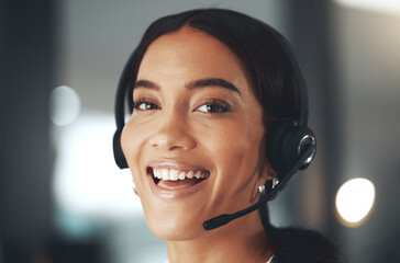 Call center, happy and portrait with woman consultant in telemarketing office for help or sales....