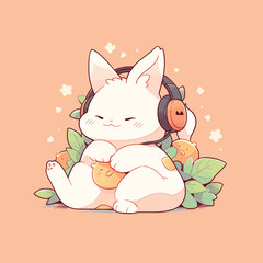 Little rabbit sitting and listening to music