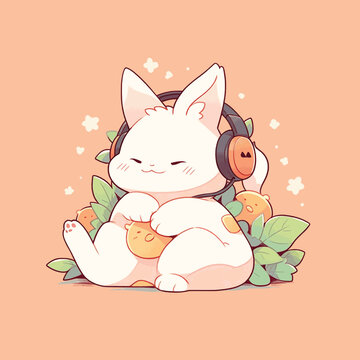 Little rabbit sitting and listening to music