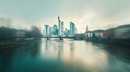 Blurred view of Frankfurt am Main skyline and river. Generative Ai