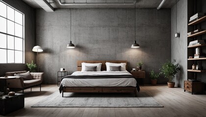 bedroom interior design with an industrial concept with hanging lights or bedroom with bed or interior of a bedroom or hotel room with bed