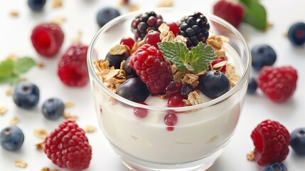 Delicious Morning Start: Fresh Yogurt with Crunchy Granola and Juicy Berries