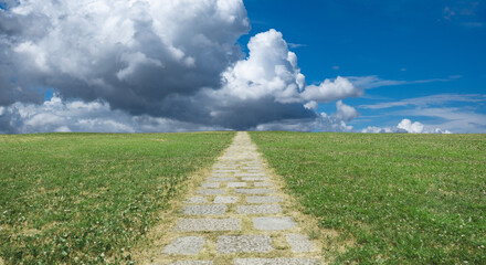 緑の野原を貫く遠く地平線へ続く石畳の一本道　背景の青空と雲　アウトドア・夏・遠足・スタート・はじまりのイメージ背景　