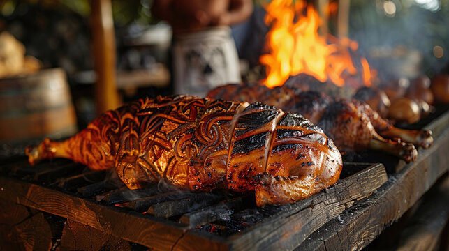 a delicious roasted pig on a spit with a crispy, golden brown skin. The pig is cooked to perfection and is sure to be a hit at any party or gathering