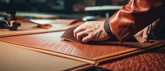 Close-up of a leather cutting process in a factory, emphasizing detail and craftsmanship in leather goods manufacturing,