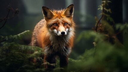 Close-up stock photo of a fox stalking its prey in a dense, misty forest, highlighting its alert expressions,