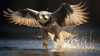 A peregrine falcon diving at high speed toward its prey, a moment frozen in time that displays...