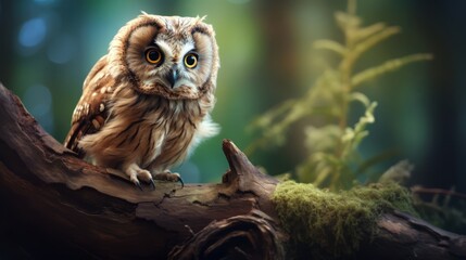 Close-up of a calm owl perched on a tree branch in a quiet forest, with soft focus and natural light,