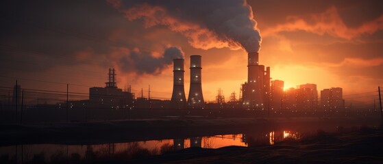 Sunset behind a waste incineration plant with smoke filtering through scrubbers,